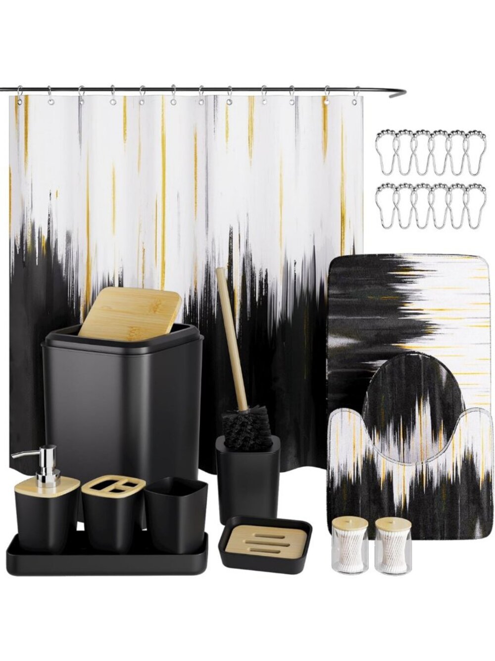 Stylish 24PCS Black Bathroom Accessories Set with Shower Curtain, Rugs & More